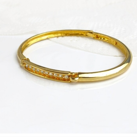 Bright Gold Plated Minimalist Crystal Hinged Bangle Bracelet - Picture 6 of 7
